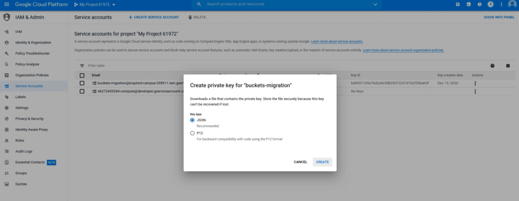 google cloud platform creating private key