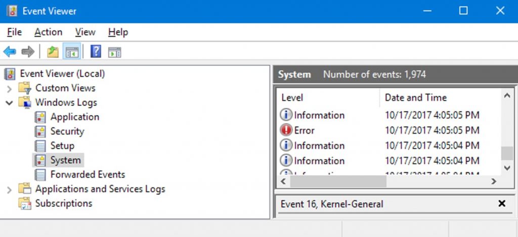 Windows event viewer