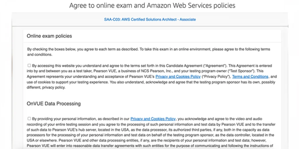 Agree to online exam and AWS policies